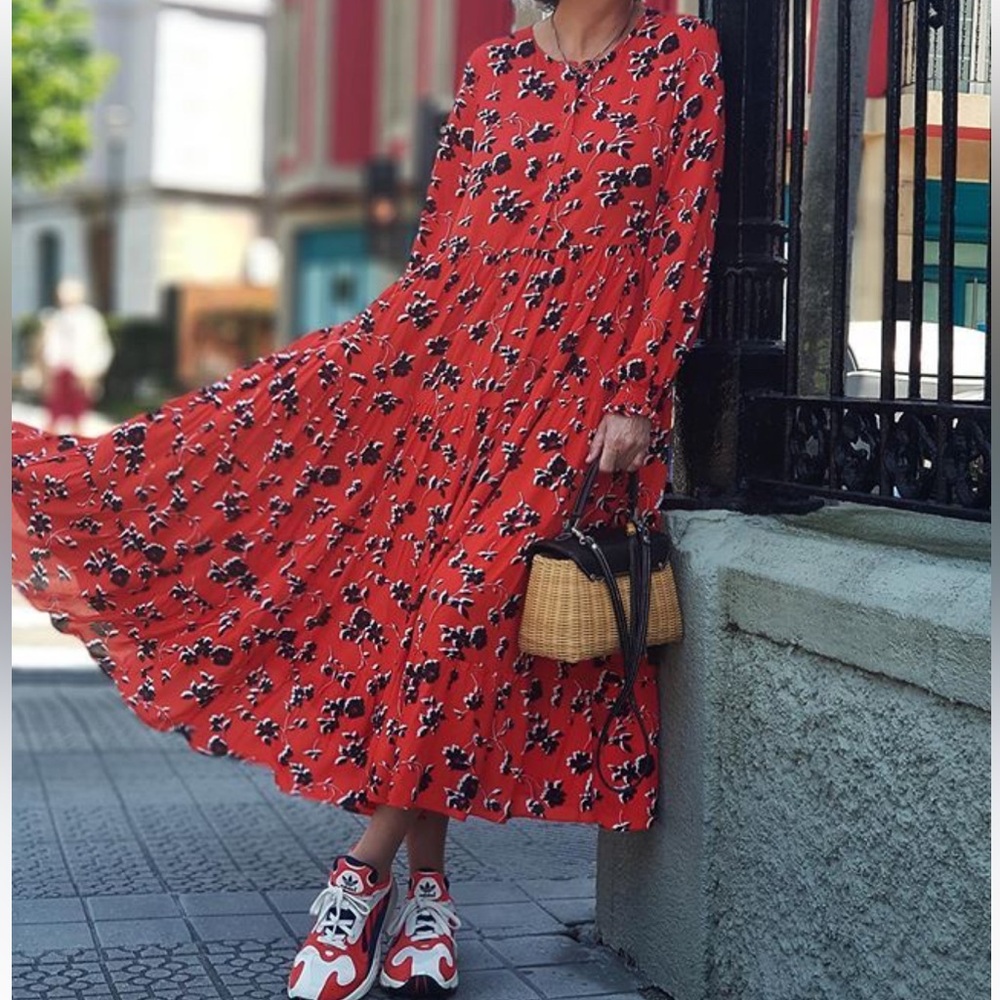 ZARA Angel Midi Maxi Red Black Floral Smock Flared Tiered Dress - Picture 4 of 13